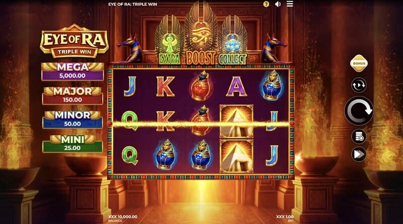 Eye of Ra Triple Win – der Hauptspielbildschirm mit fünf Walzen